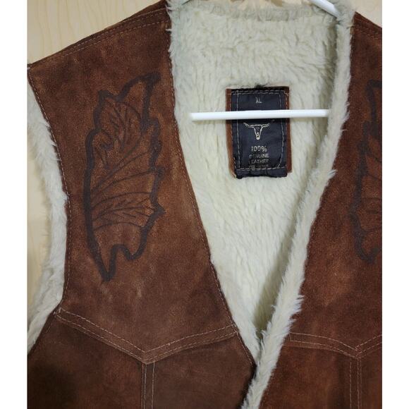 Vintage Suede Leather Sherpa Lined Vest with Embossed Horse Back Western XLarge - Picture 4 of 8